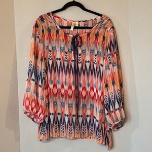 CHENAULT 3X Plus Size Sheer Ikat Boho Blouse Navy Orange Coral Tie Neck